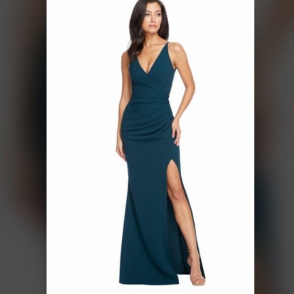 DRESS THE POPULATION Jordan Ruched Mermaid Gown Pine XXS MSRP $248.00 NWOT - Picture 1 of 7